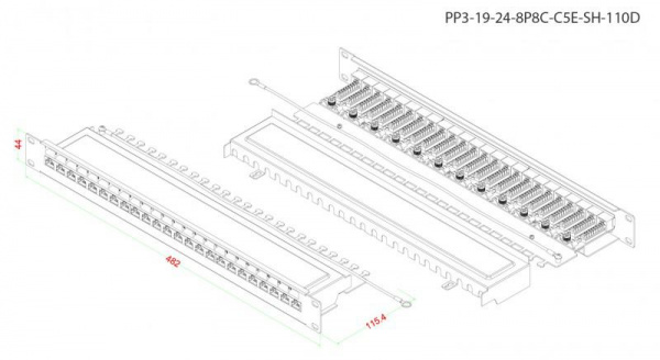 Патч-панель 19дюйм PP3-19-24-8P8C-C5E-SH-110D 1U 24 порта RJ45 полн. экран. кат.5e Dual IDC ROHS черн. Hyperline 246037