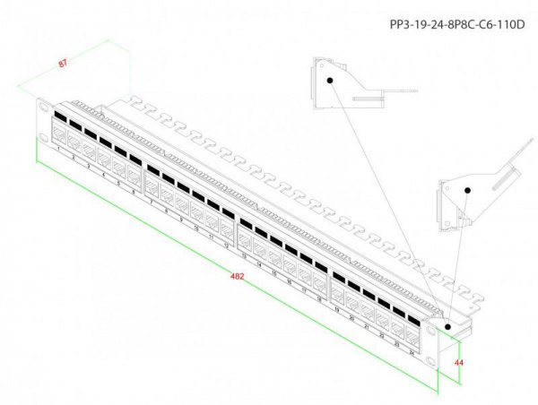 Патч-панель 19дюйм 1U RJ45 кат.6 24 порта Dual IDC ROHS PP3-19-24-8P8C-C6-110D черн. Hyperline 246107